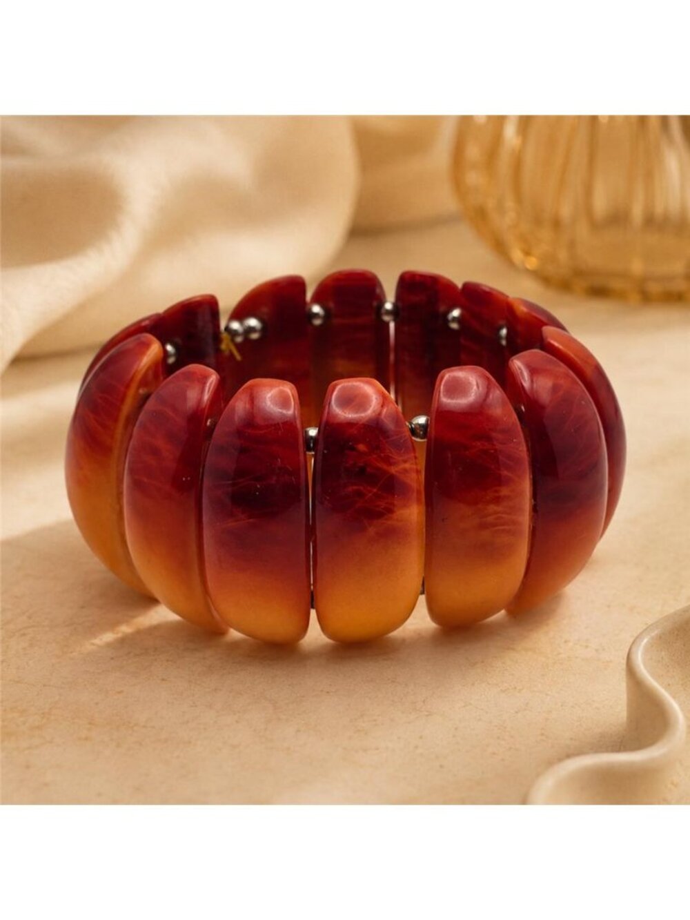 Vintage Red Orange Ombre Lucite Wedge Panel Stretch Bracelet 2" Wide Mod 8 in